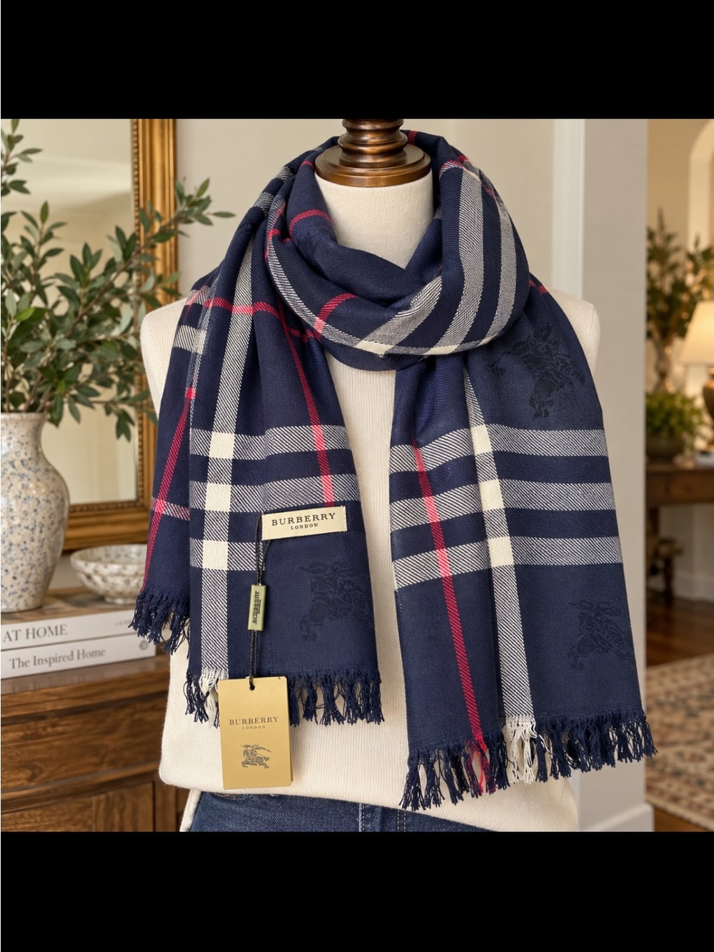 Burberry Navy Plaid Scarf with Red Accent